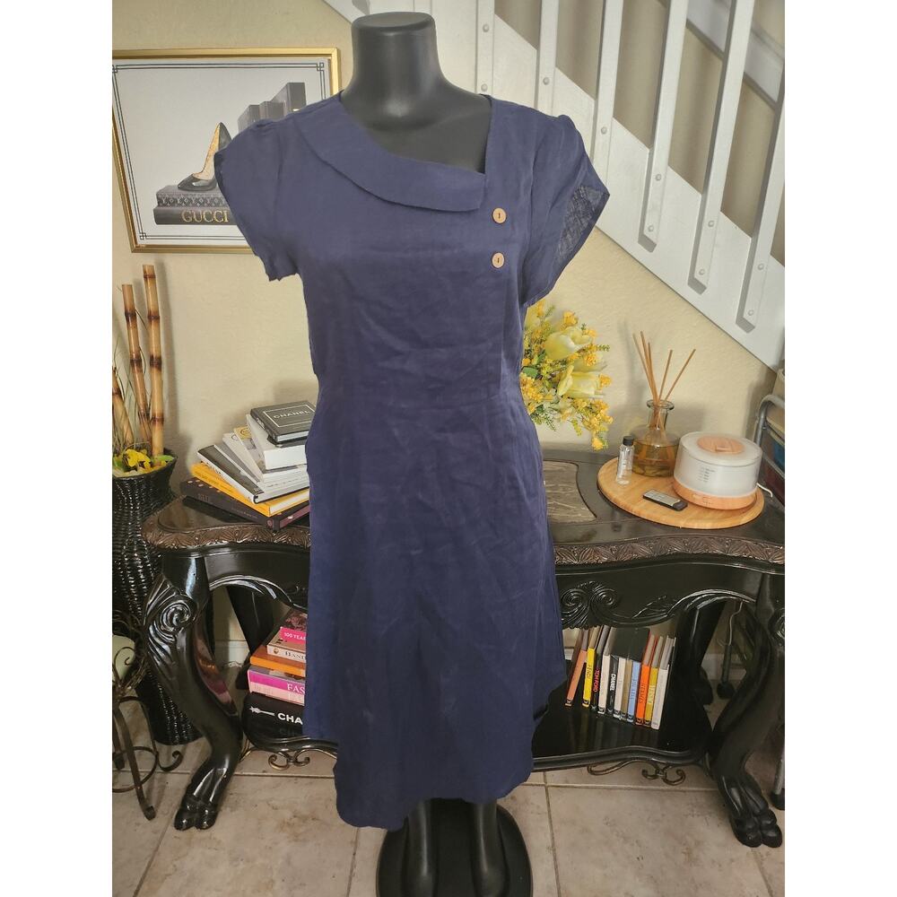 Lintico 100% Linen Crescent Collar Flutter Sleeve Mini Dress FIONA size S - Picture 3 of 8